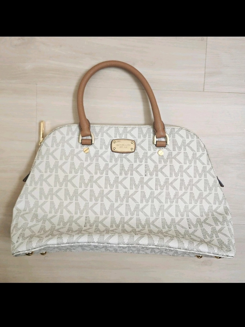 Michael Kors Cream & Tan MK Logo Dome Satchel *check last photos, marks on back*